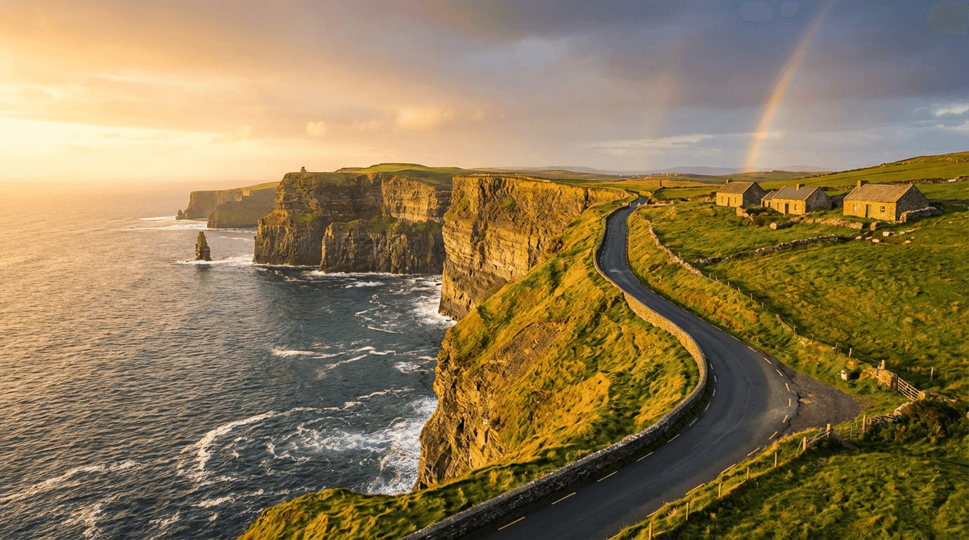 A coastal road beside cliffs and the sea